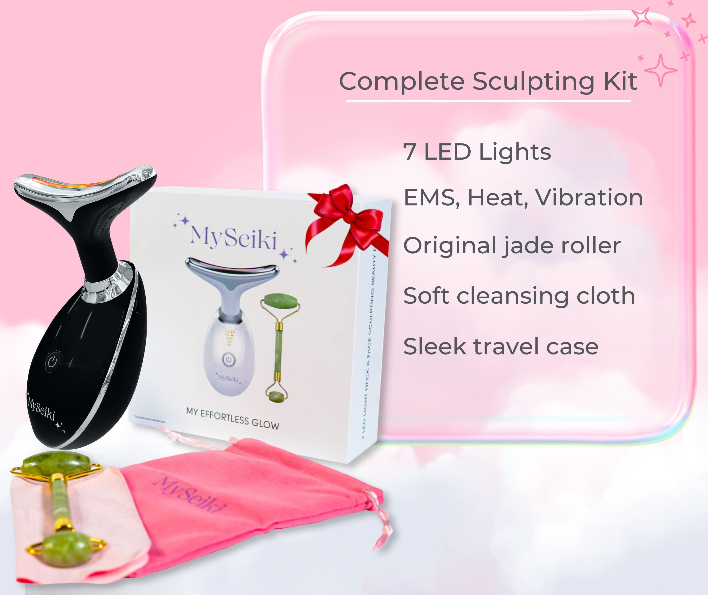 7 LED Light Face & Neck Sculpting Beauty Massager with Jade Roller, Travel Case and Soft Cloth