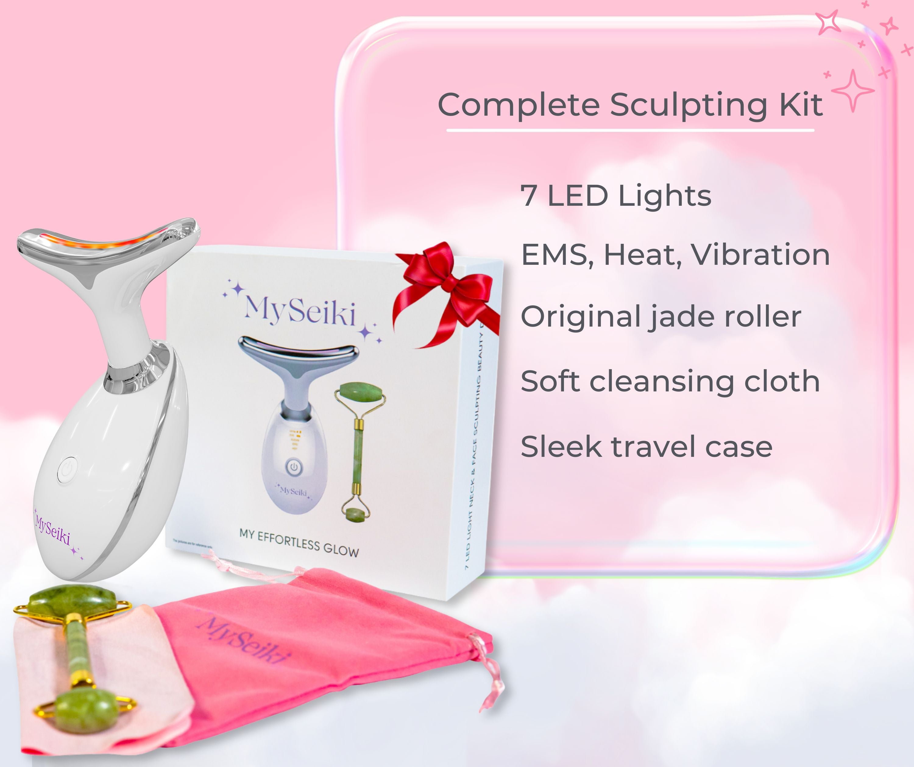 7 LED Light Face & Neck Sculpting Beauty Massager with Jade Roller, Travel Case and Soft Cloth