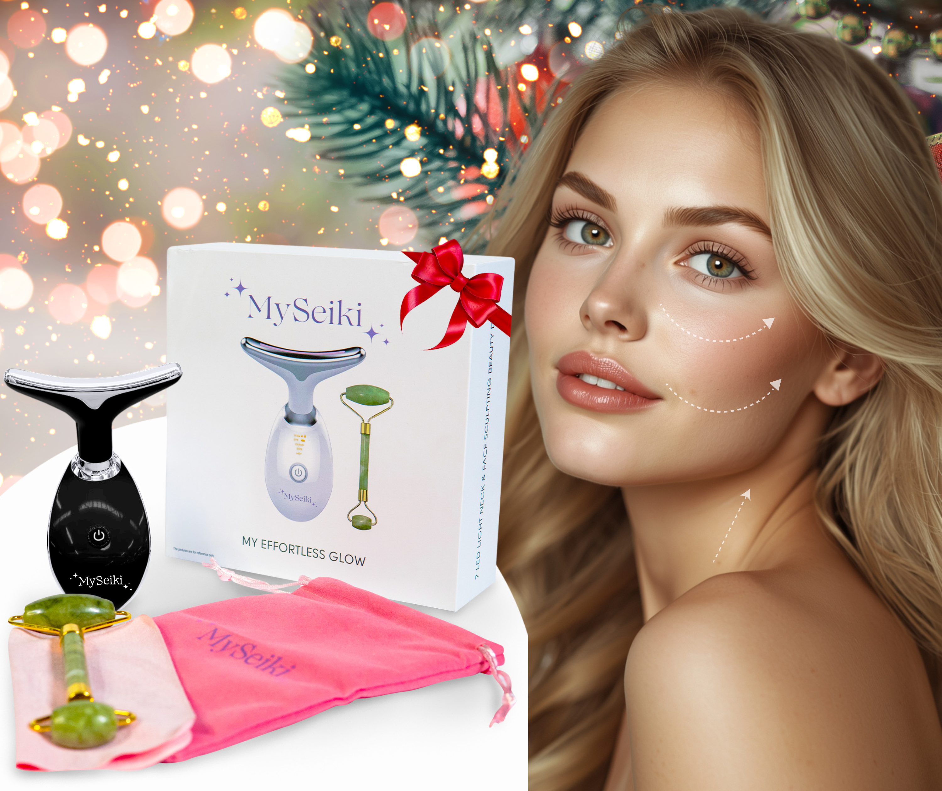 7 LED Light Face & Neck Sculpting Beauty Massager with Jade Roller, Travel Case and Soft Cloth