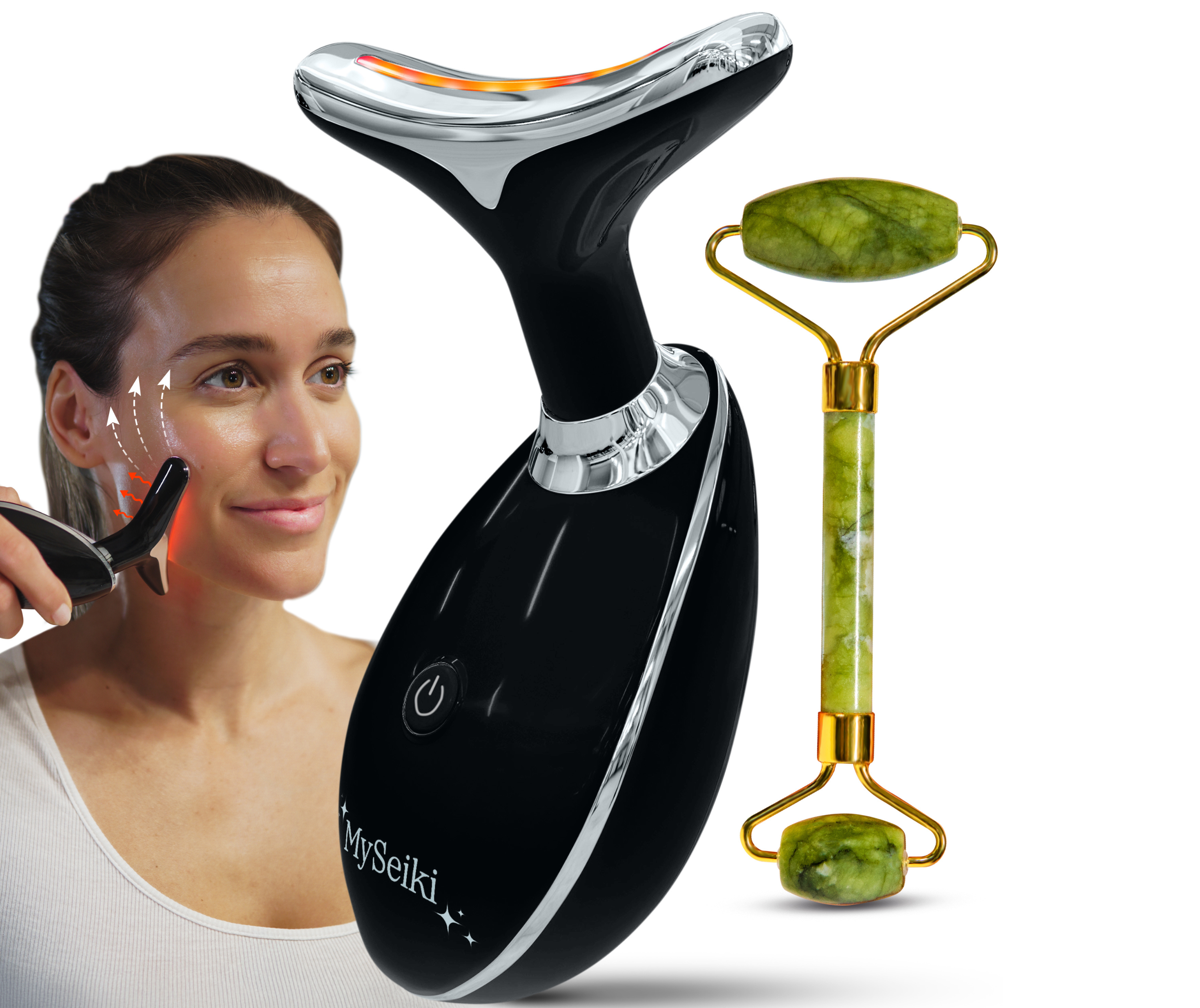 7 LED Light Beauty Massager with Jade Roller, Fabric Case and Soft Cloth - Black