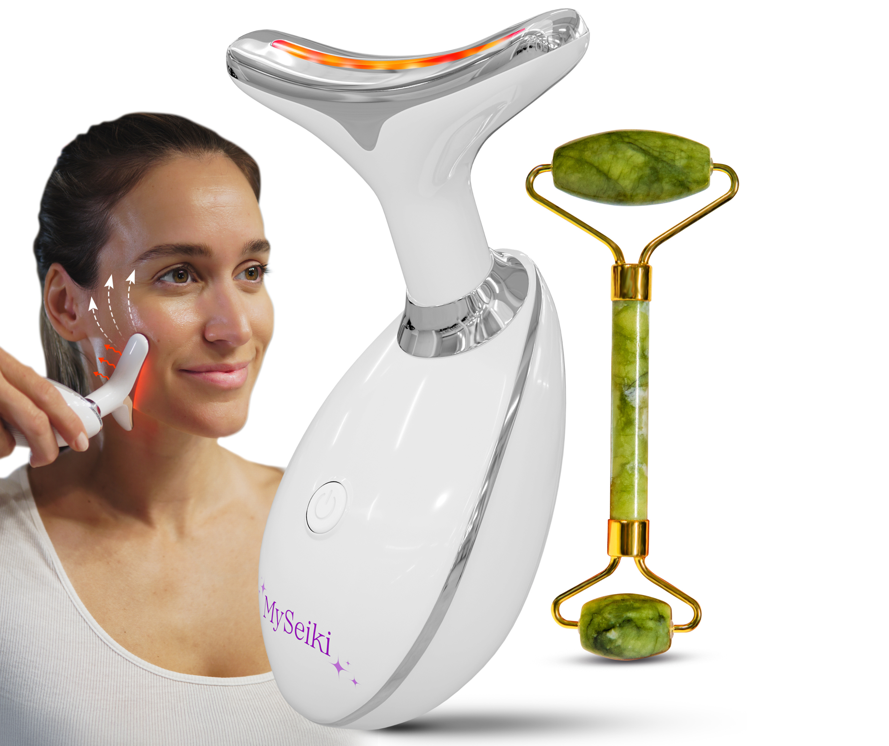 7 LED Light Beauty Massager with Jade Roller, Fabric Case and Soft Cloth- White