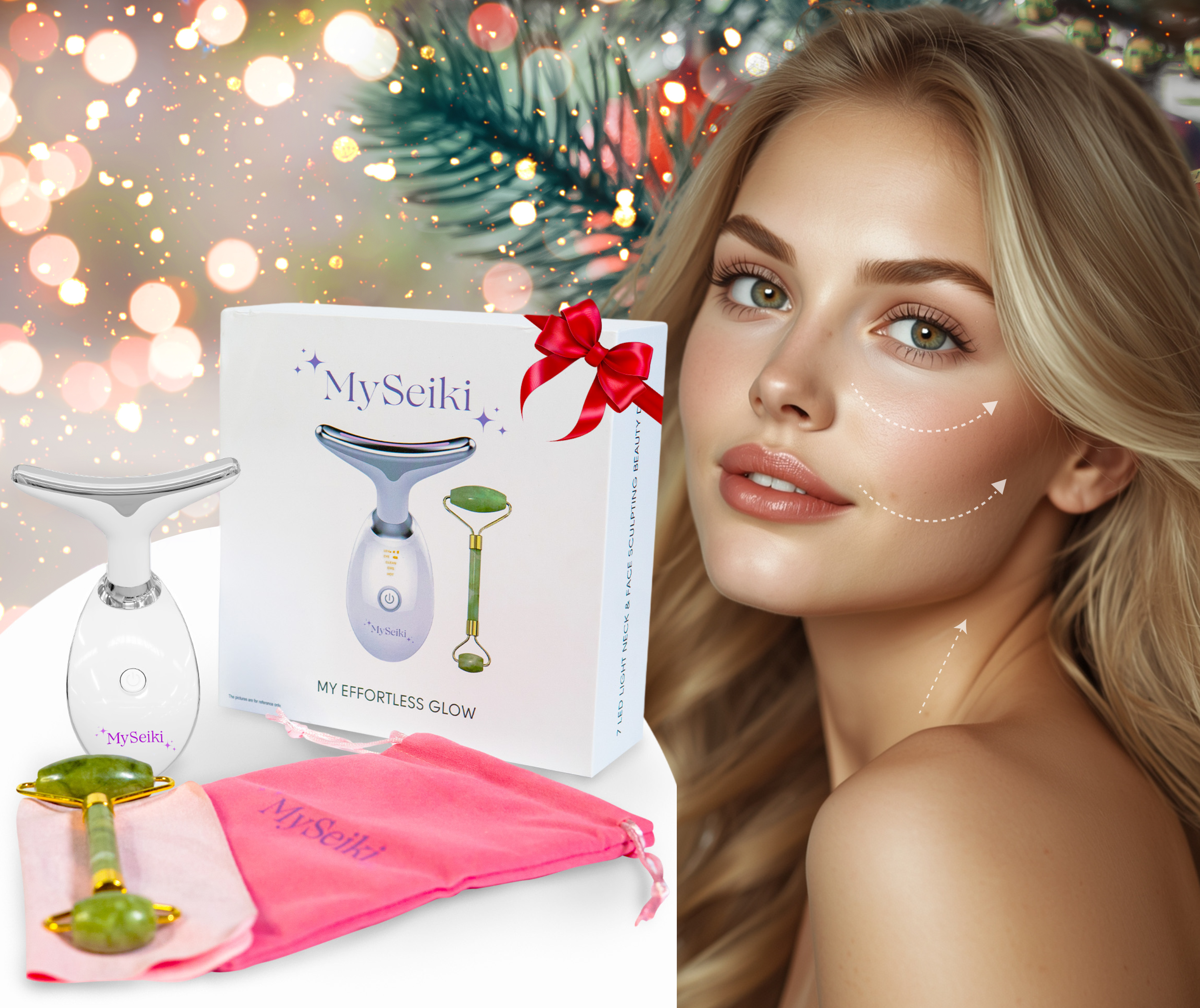 7 LED Light Face & Neck Sculpting Beauty Massager with Jade Roller, Travel Case and Soft Cloth