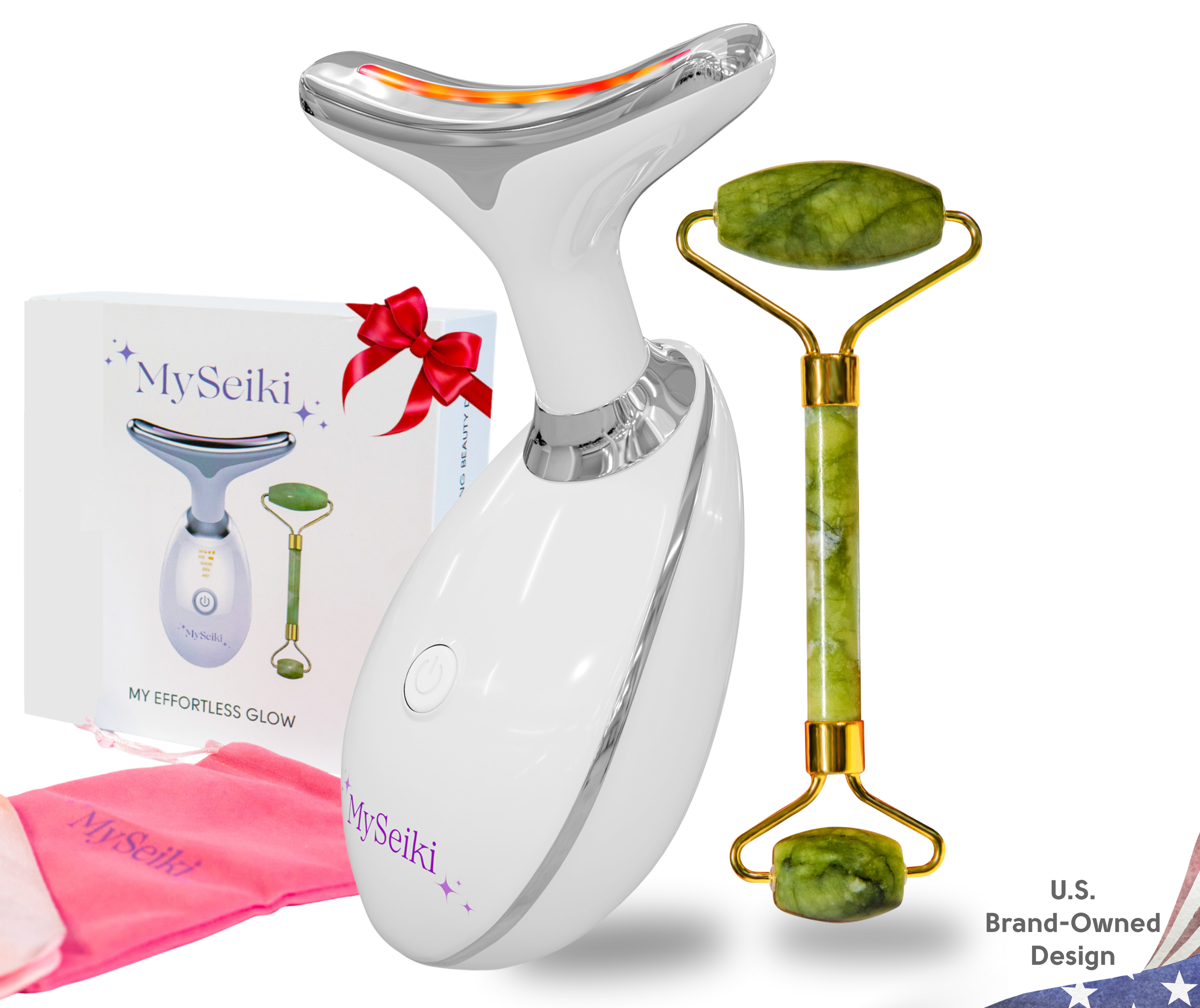 7 LED Light Face & Neck Sculpting Beauty Massager with Jade Roller, Travel Case and Soft Cloth