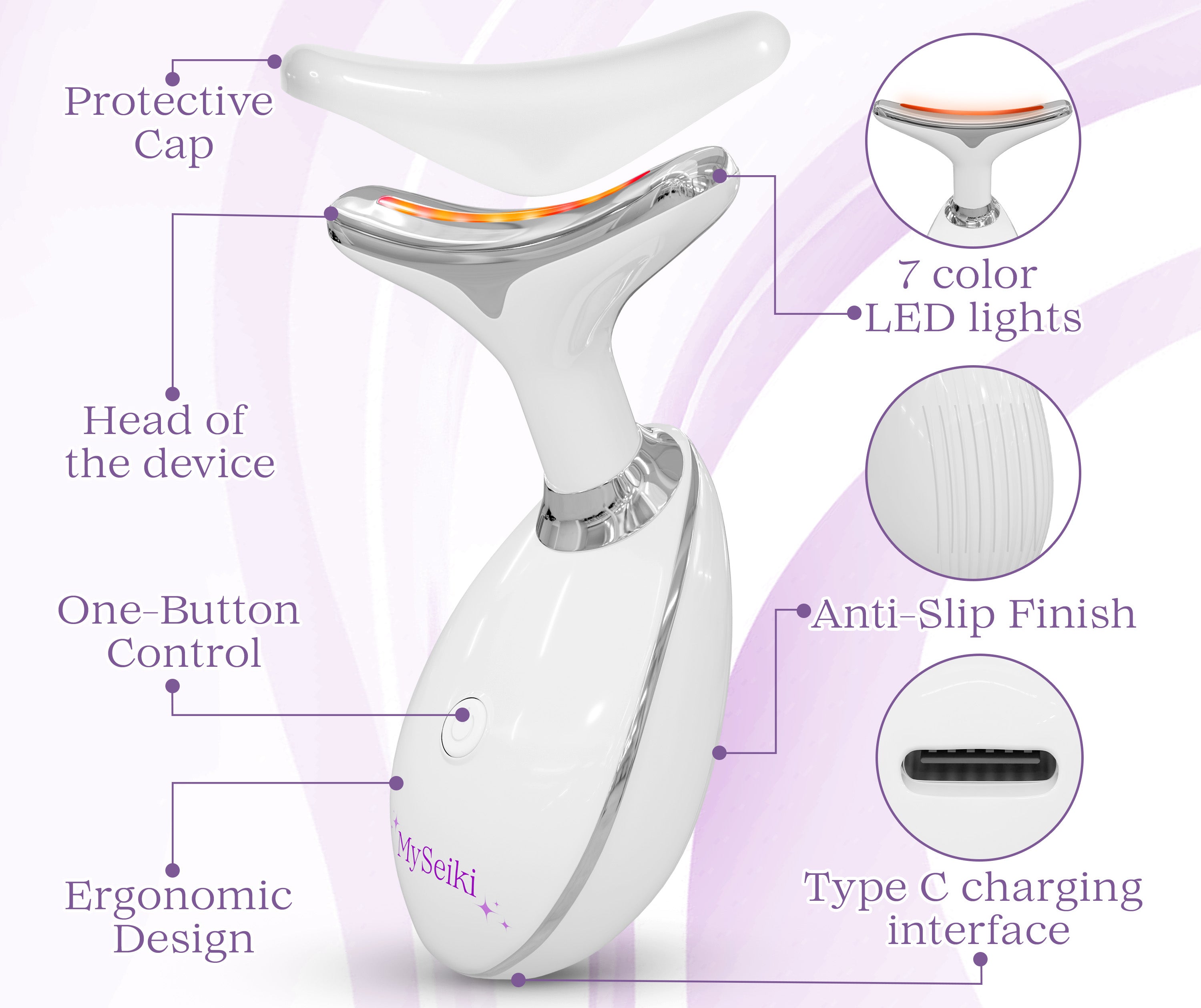 7 LED Light Beauty Massager with Jade Roller, Fabric Case and Soft Cloth- White