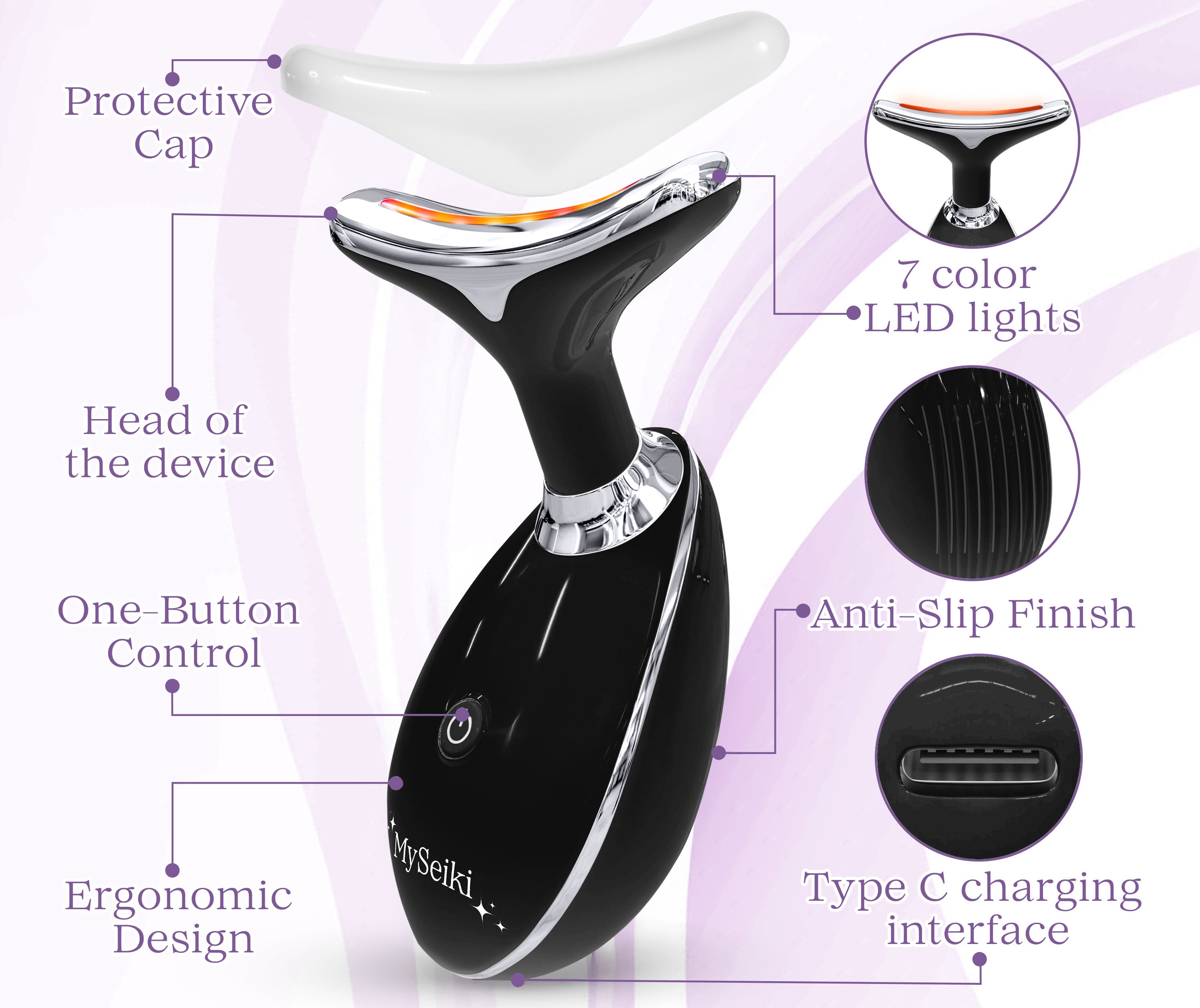 7 LED Light Beauty Massager with Jade Roller, Fabric Case and Soft Cloth - Black