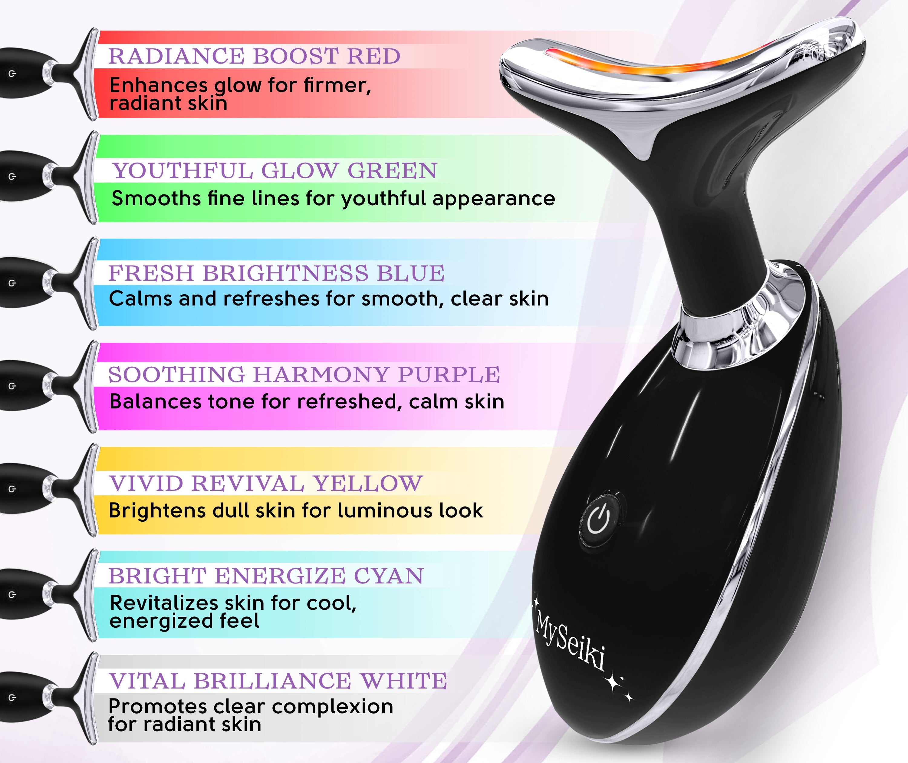 7 LED Light Beauty Massager with Jade Roller, Fabric Case and Soft Cloth - Black